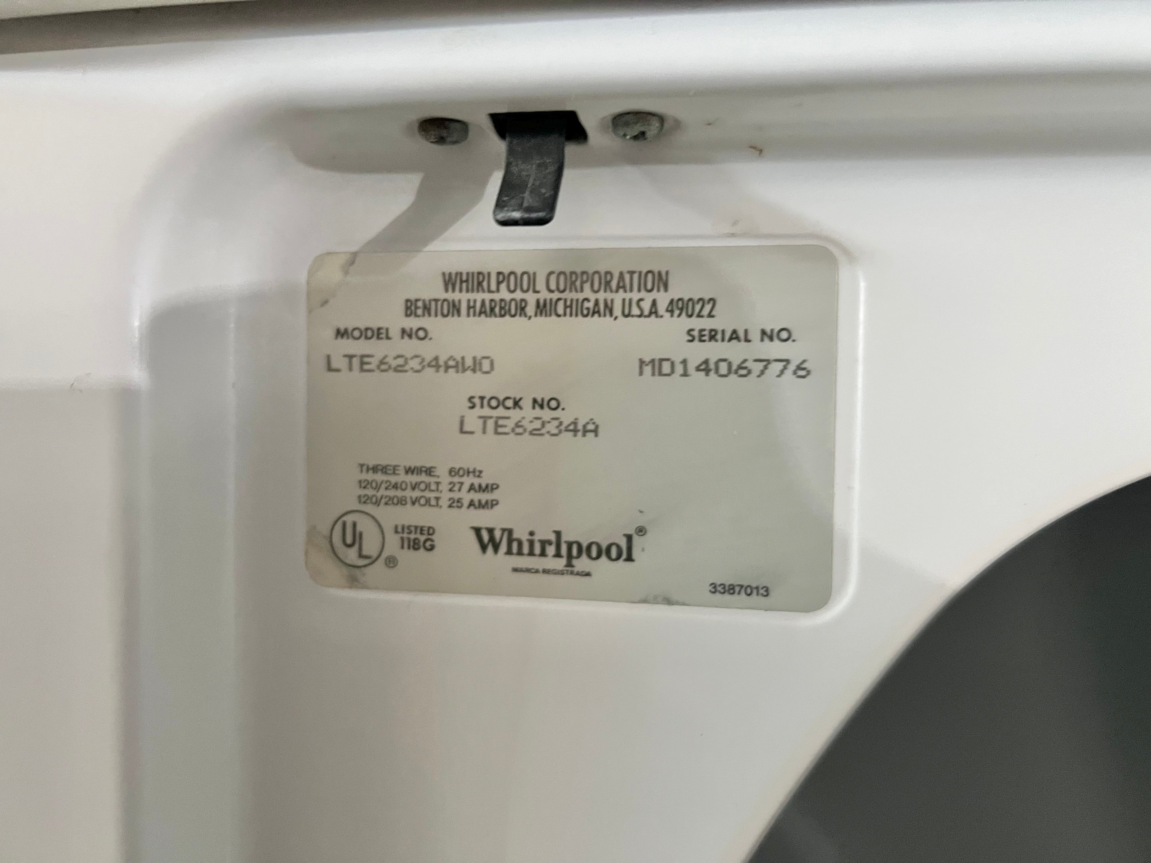 27 Inch Whirlpool Stackable Washer and Electric 220V Dryer