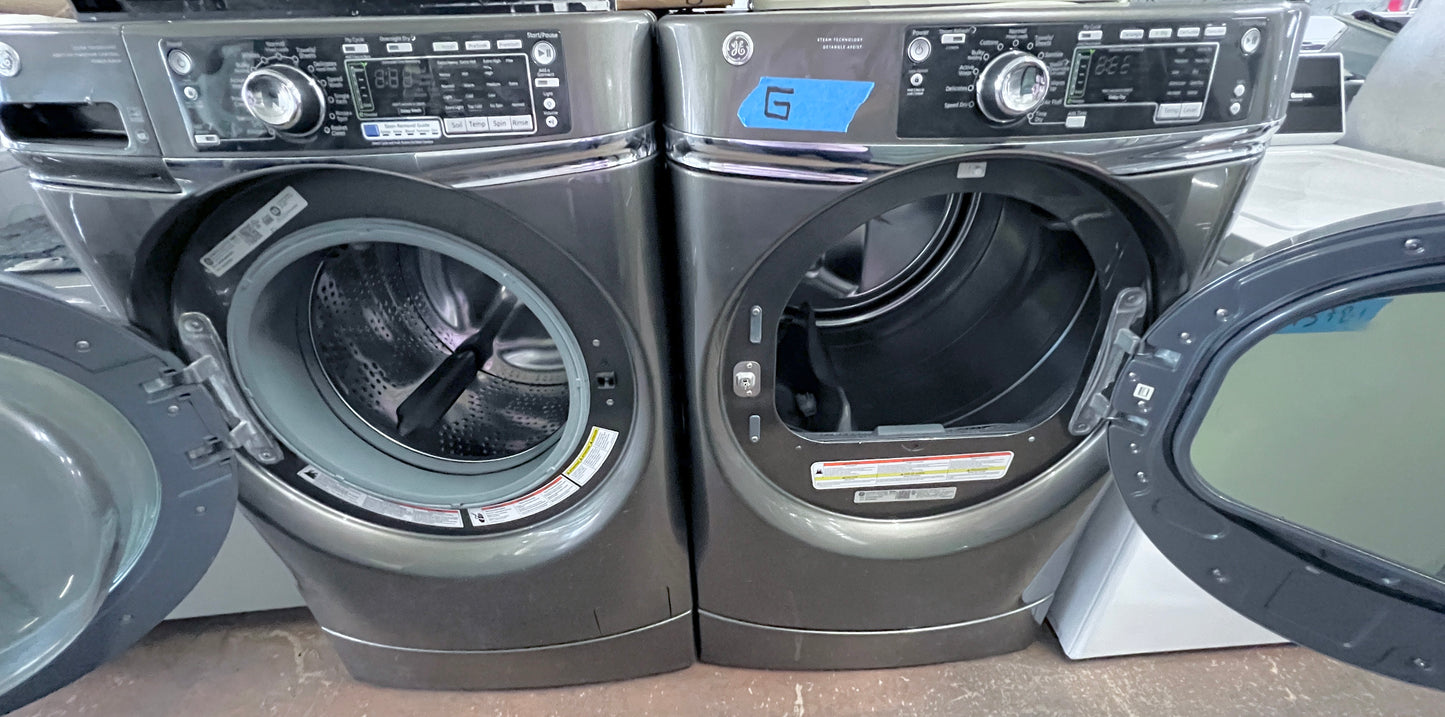 GE   4.8 cu. ft. Front Load Washer and Dryer Set  Metallic Carbon GFWR4805FMC  GFDR485GFMC 28 Inch 8.3 cu. ft. Gas Dryer , Steam, Built-In Pedestal, ADA, 444176