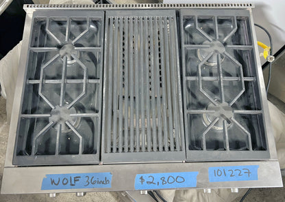 Wolf SRT364C 36 吋專業型瓦斯爐台，附 4 個雙堆疊密封燃燒器、陶瓷塗層鑄鐵連續爐排、紅外線燒烤爐、慢煮熔化功能、Star K、天然氣、101227