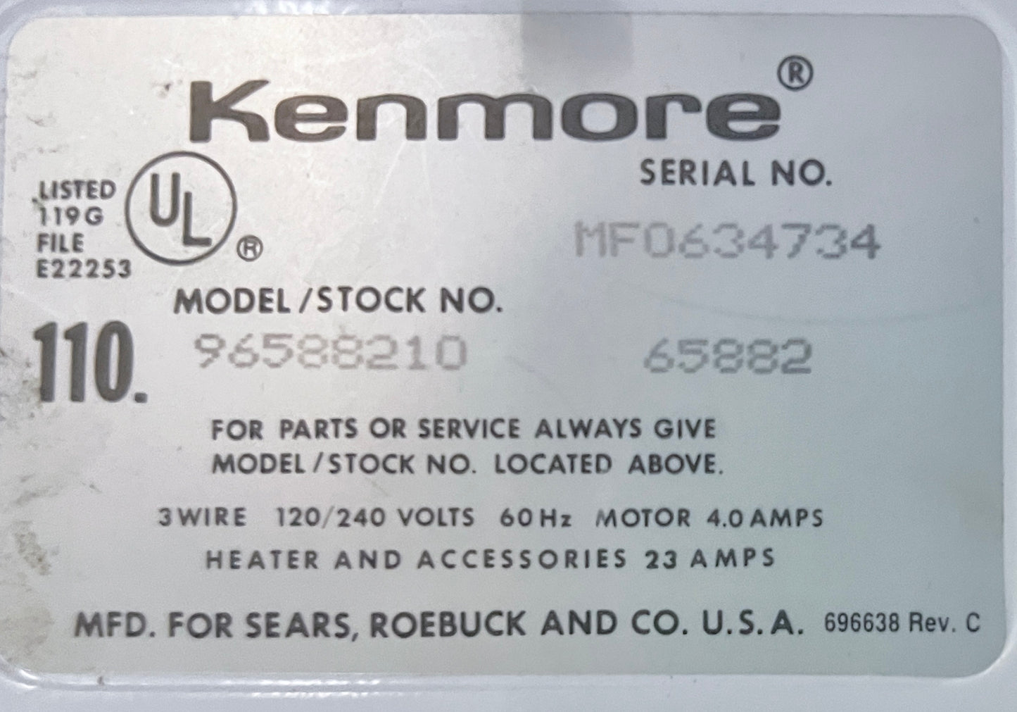 Kenmore Electric Dryer 240V , 110.96588210 , White , 373809