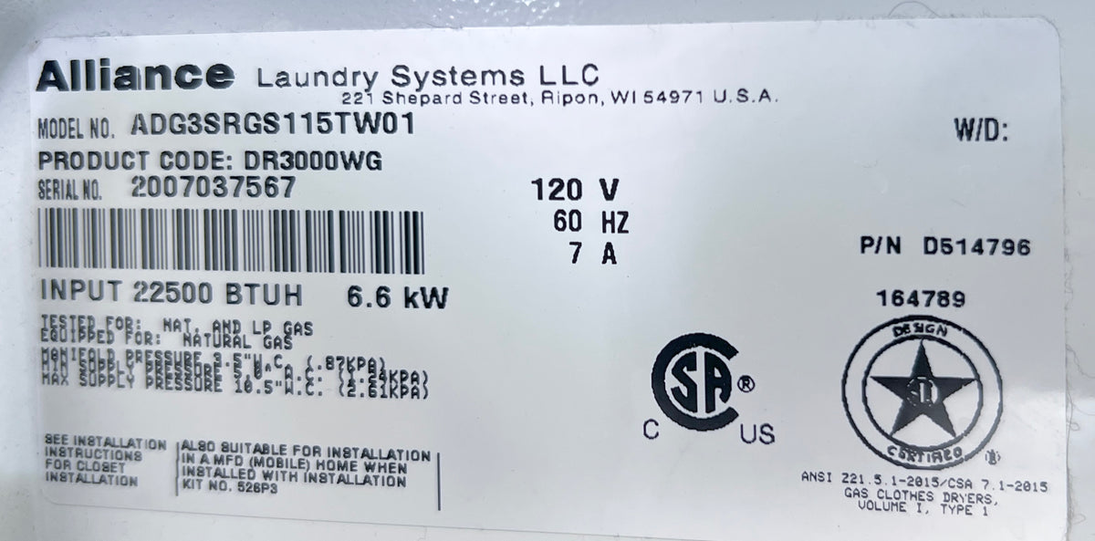 Speed Queen Commercial 26 Inch 120V Washer and 27 Inch Gas 120V Dryer Set , Residential Usage , White Color , 373705