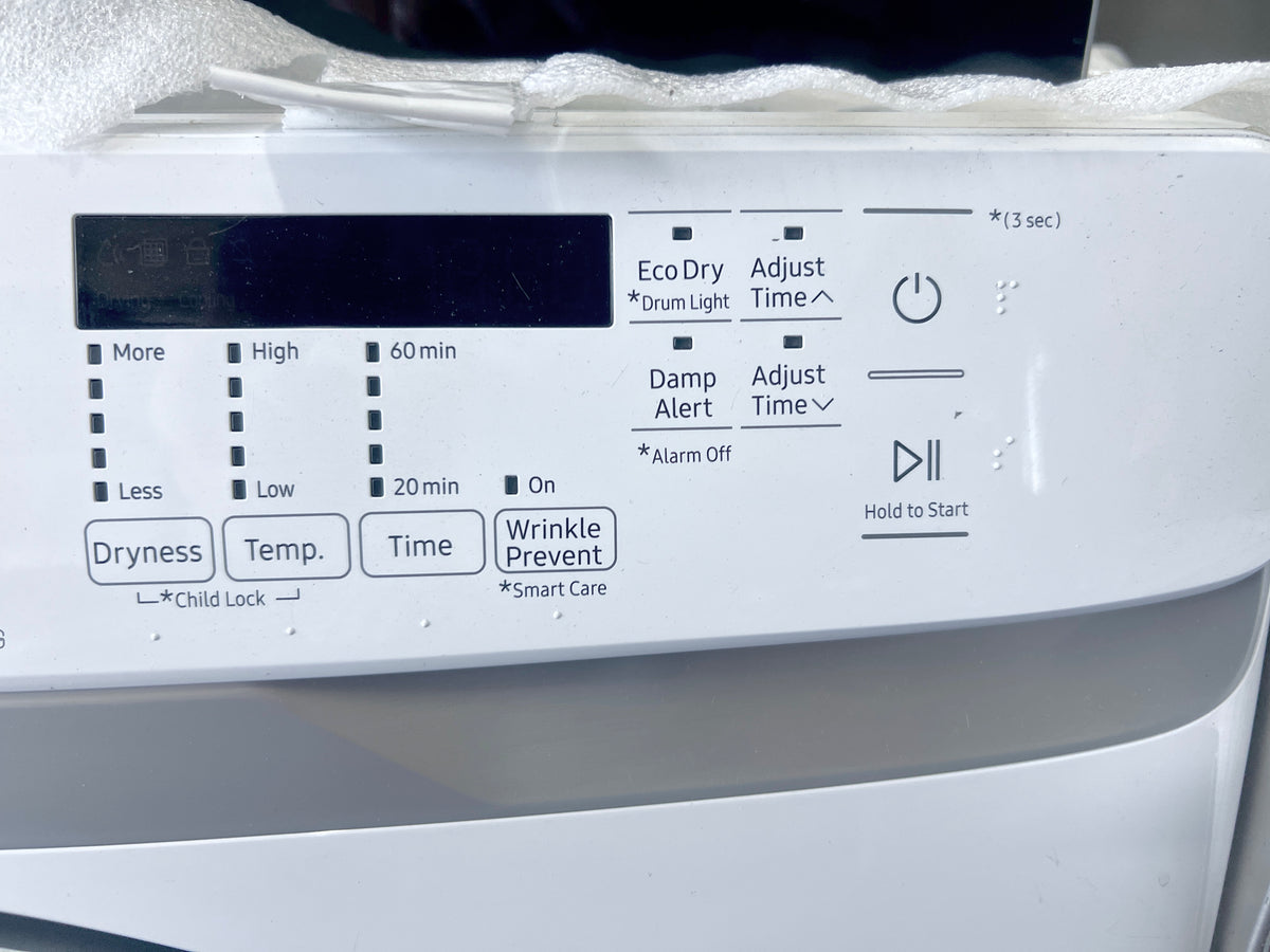 Samsung  DVE45T6000W  Front Load Electric Dryer 7.5 Cu. Ft., 10 Dryer Programs, Smart Care, Sensor Dry, Sanitize, Wrinkle Prevent, Eco Dry, ADA White New Open Box 27 Inch 444391