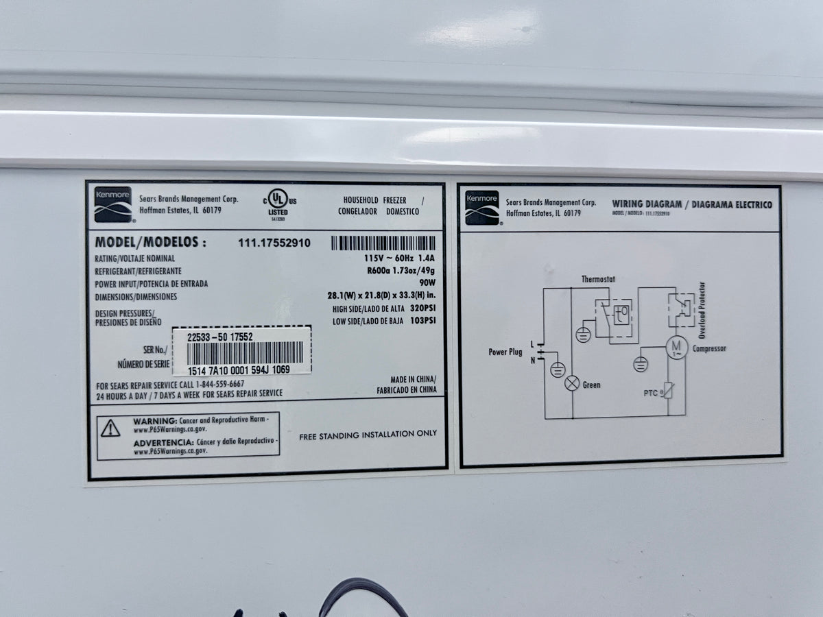 Kenmore Chest Freezer 28 Inch White 111.17552910 , 373834