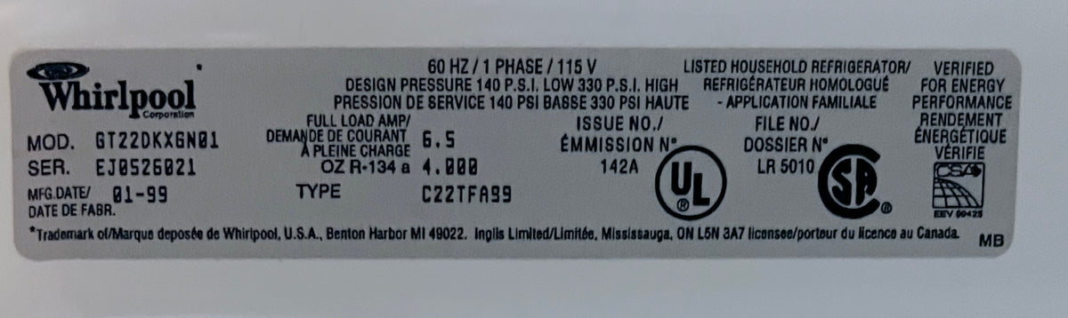 33 Inch Whirlpool Top Freezer Refrigerator Off White Beige GT22DKXGN01 , 20 Cu Ft , 373847