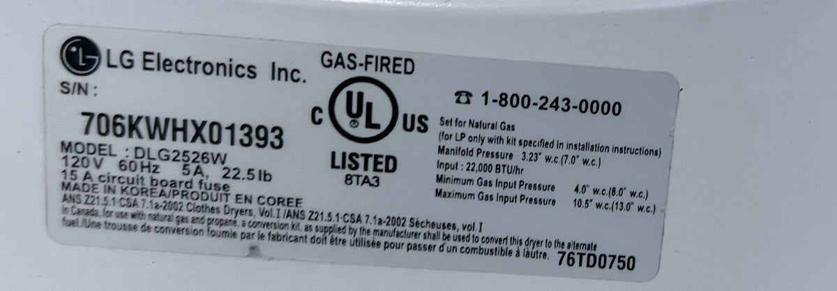 LG  DLG2526W 27 Inch Front Load Gas Dryer Machine 7.0 cu. ft., HE,  White , 373850