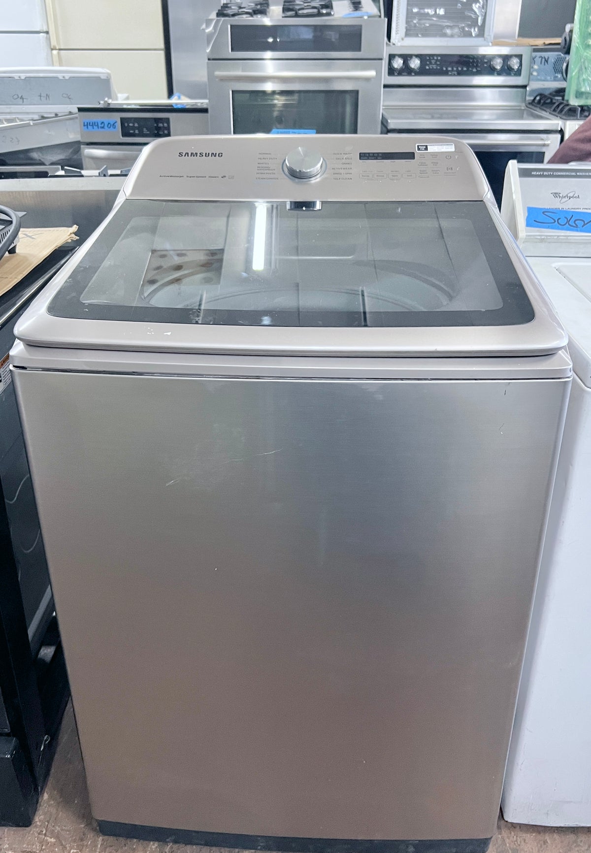 Samsung  WA54R7600AC 28 Inch Top Load Washer , 5.4 Cu. Ft., VRT Plus Technology, Active WaterJet, Swirl+ Tub Interior,  Deep Fill, Super Speed, Smart Care, ENERGY STAR,  Champagne , 373872