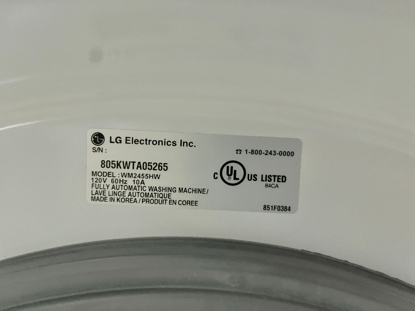 LG Front Load Washer WM2455HW Energy Star, White, Used , 444154