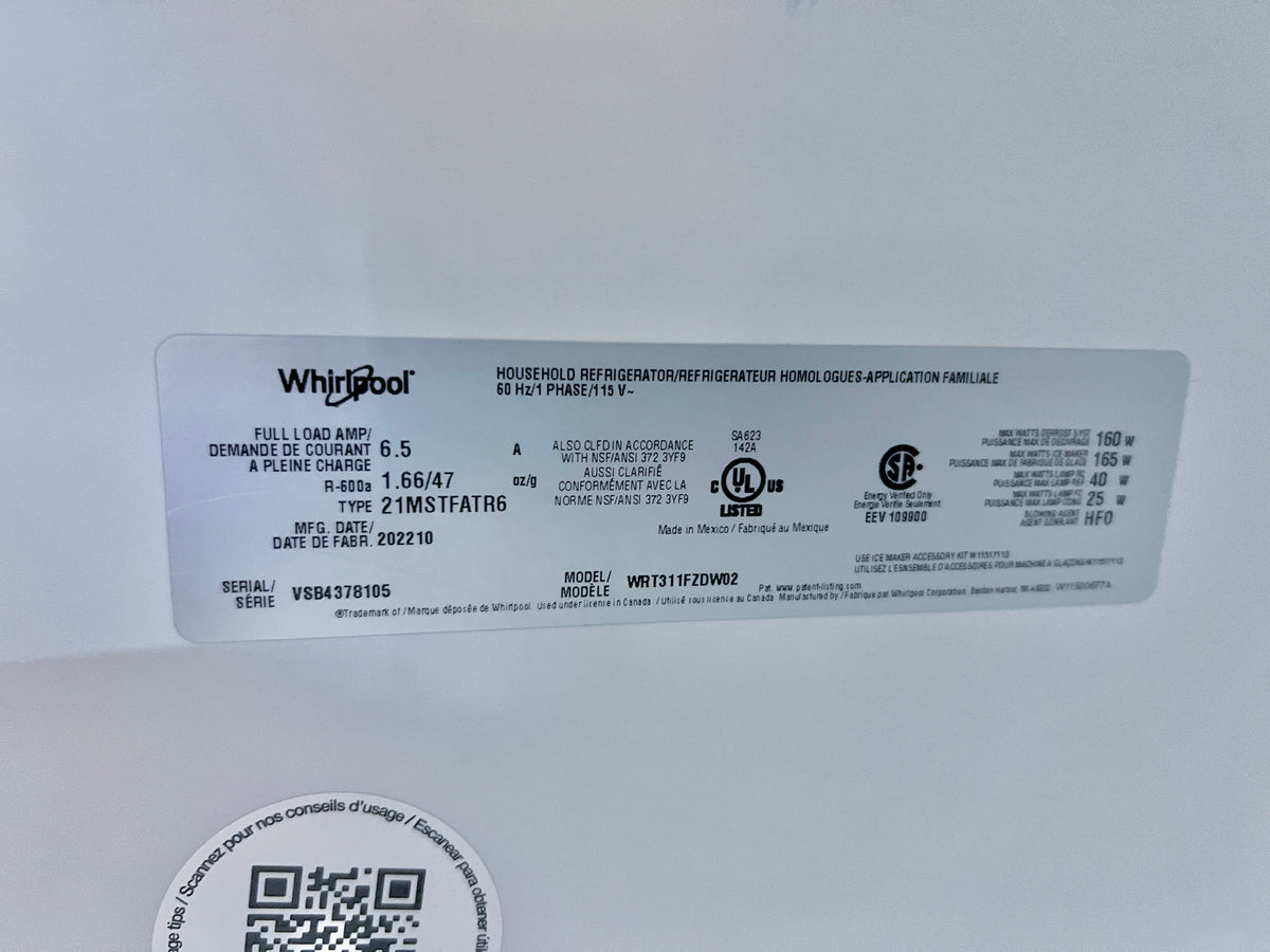 33 Inch Whirlpool Top Freezer White Refrigerator 20.5 Cu Ft , WRT311FZDW02 , 373891