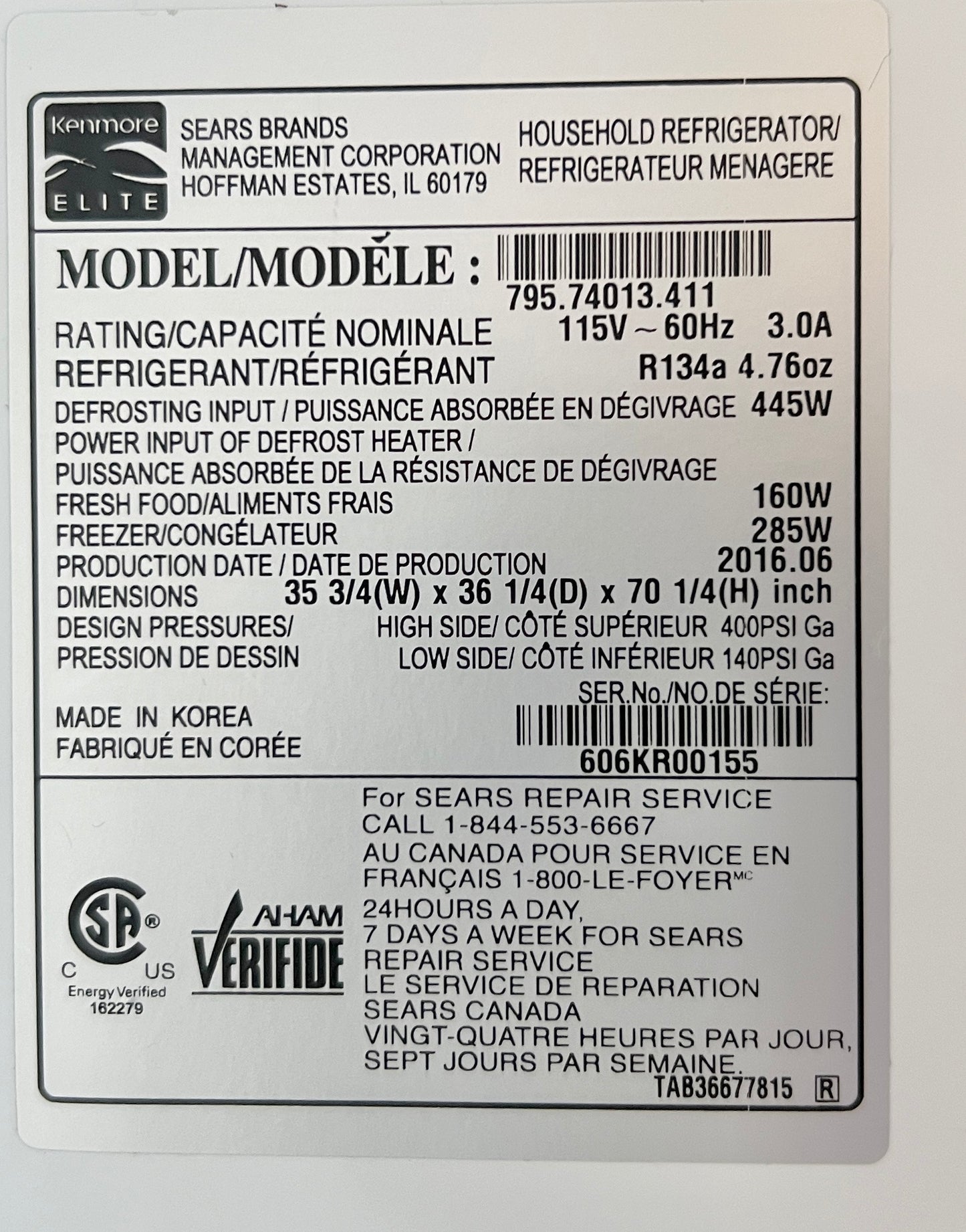 36 Inch Kenmore Elite 74013 31 Cu Ft , French Door Style Bottom Freezer Stainless Steel Refrigerator , 131300