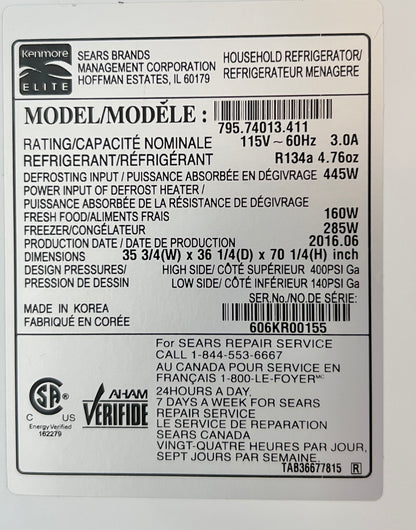 36 Inch Kenmore Elite 74013 31 Cu Ft , French Door Style Bottom Freezer Stainless Steel Refrigerator , 131300