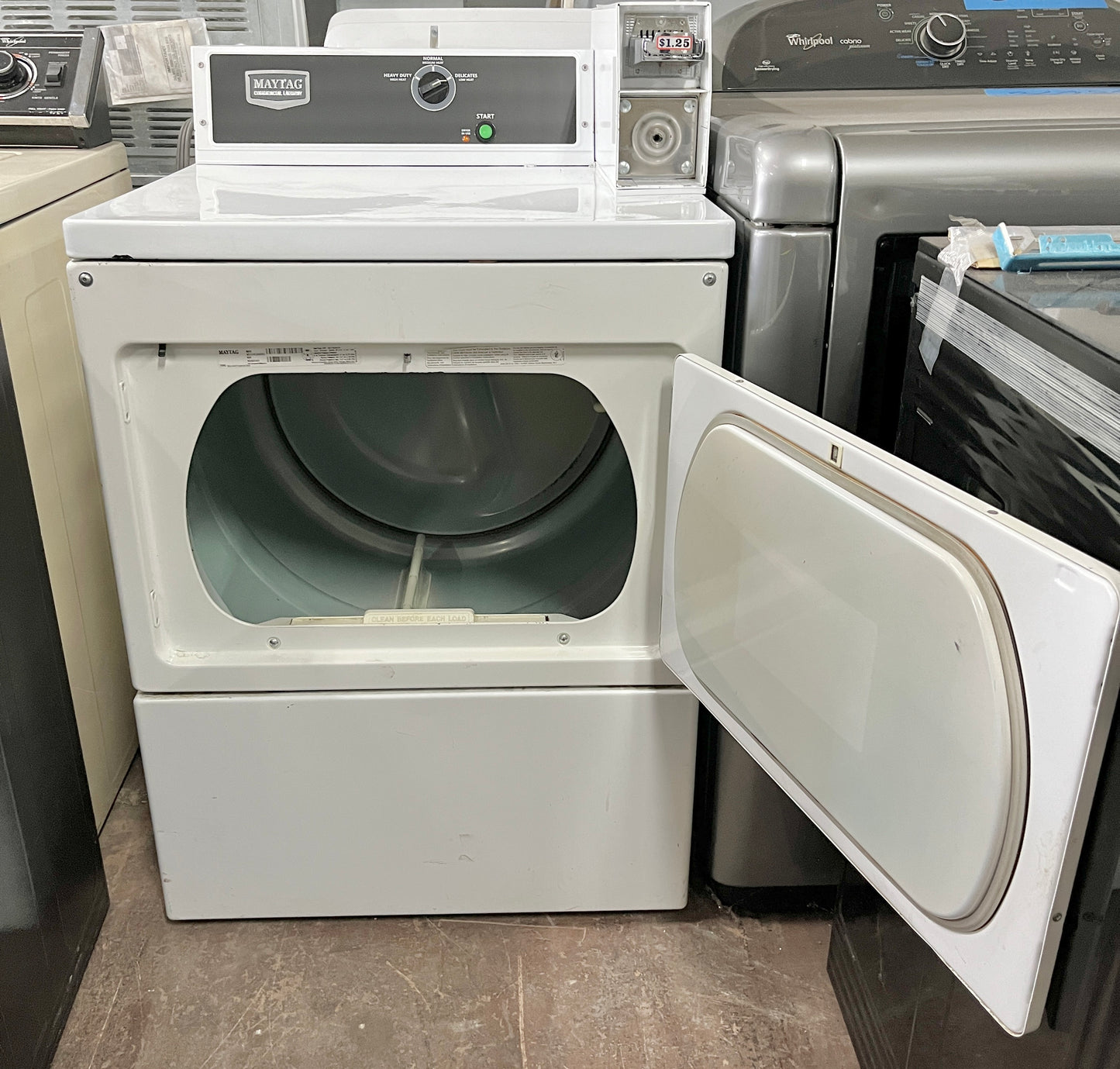 Maytag Commercial Laundry  MDG18CSAWW 27 Inch Commercial Gas Dryer 7.4 cu. ft. Capacity, 3 Dry Cycles, 230 CFM, Accu Trac Audit System, Coin-Slide Ready Large Capacity Metal Mesh Filter , 101207