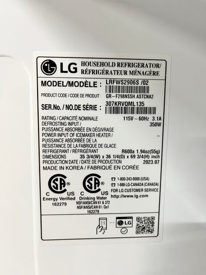 LG  LRFWS2906S 36 Inch 3 Door French Door Refrigerator 29 Cu. Ft., Tempered Glass Shelves, Smart Diagnosis, Ice Maker, External Water Dispenser, Energy Star,  Print Proof Stainless Steel , 444126