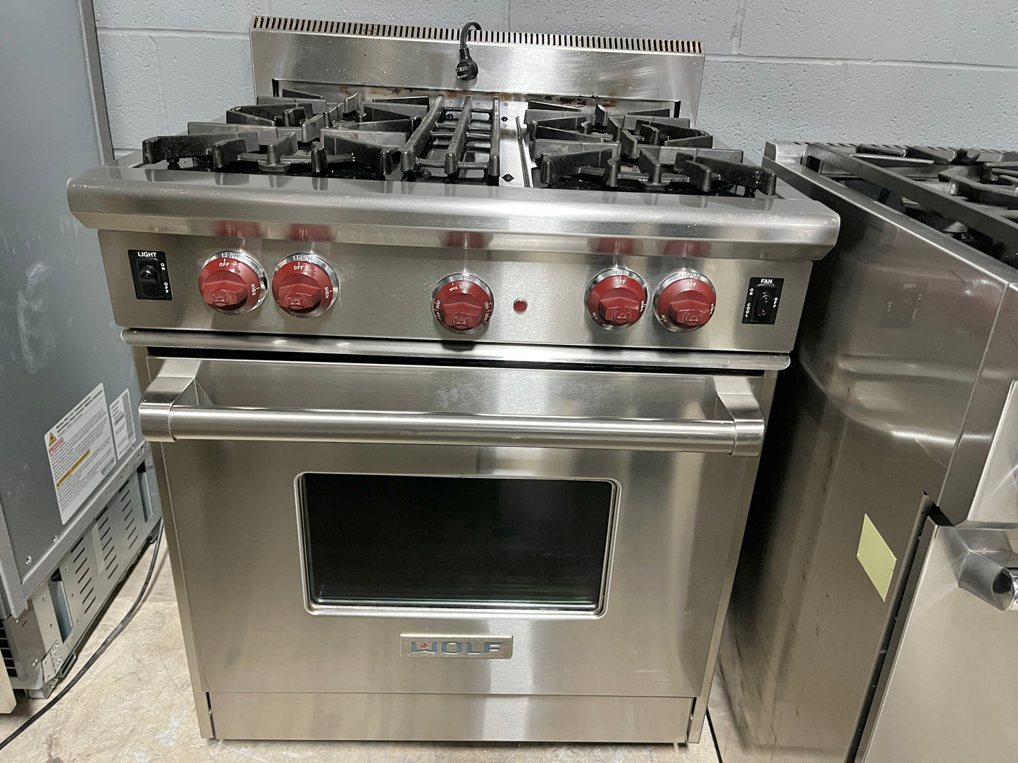 Wolf Pro Style 30 Inch Gas Range , Stainless Steel , Red Knobs, 4 Burners, Convection Oven, Used, 101262