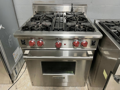 Wolf Pro Style 30 Inch Gas Range , Stainless Steel , Red Knobs, 4 Burners, Convection Oven, Used, 101262