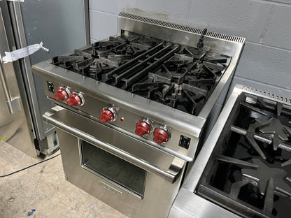 Wolf Pro Style 30 Inch Gas Range , Stainless Steel , Red Knobs, 4 Burners, Convection Oven, Used, 101262