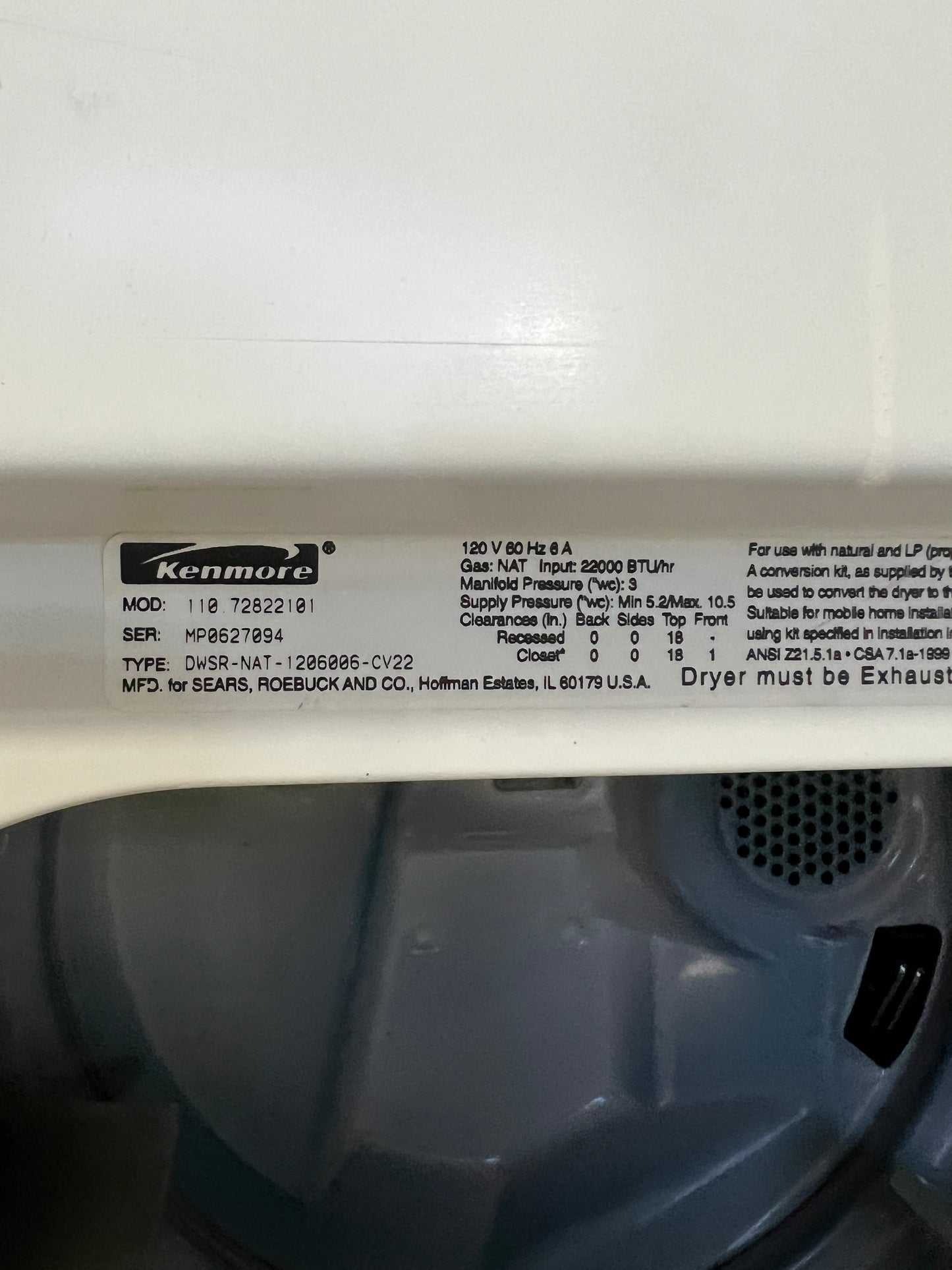 Kenmore 80 Series Front Load Gas Dryer in White 999188