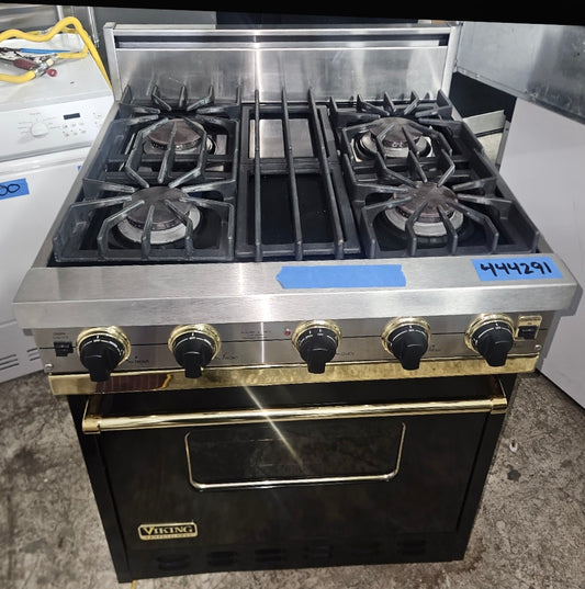 Viking 30 Inch All Gas Range 4 Burner with Convection Fan , Black and Gold , Stainless Steel , Used , 131355
