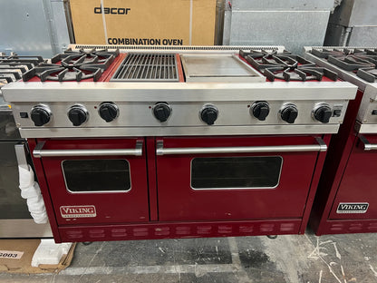 Viking 48 Inch VGRC4854GQDBU Red Stainless Steel Gas Range, Griddle, Grill, 4 Burners, 2 Ovens, 369412