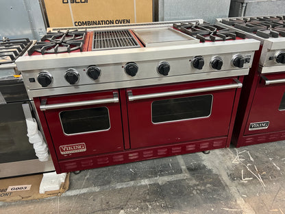 Viking 48 Inch VGRC4854GQDBU Red Stainless Steel Gas Range, Griddle, Grill, 4 Burners, 2 Ovens, 369412