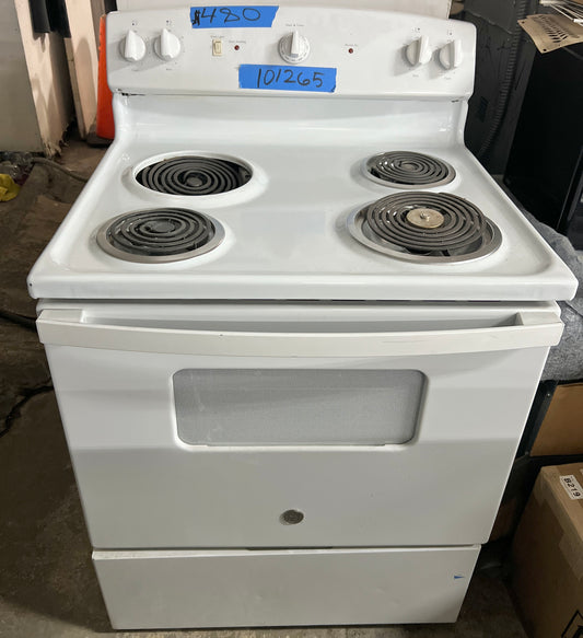 GE JBS160DMWW 30 Inch Freestanding Electric Range Stove 4 Coil Elements, 5.0 cu. ft. Oven Capacity, Removable Storage Drawer, Dual Element Bake, Broiler, Adjustable Racks, Sensi-Temp Technology, White, 101265