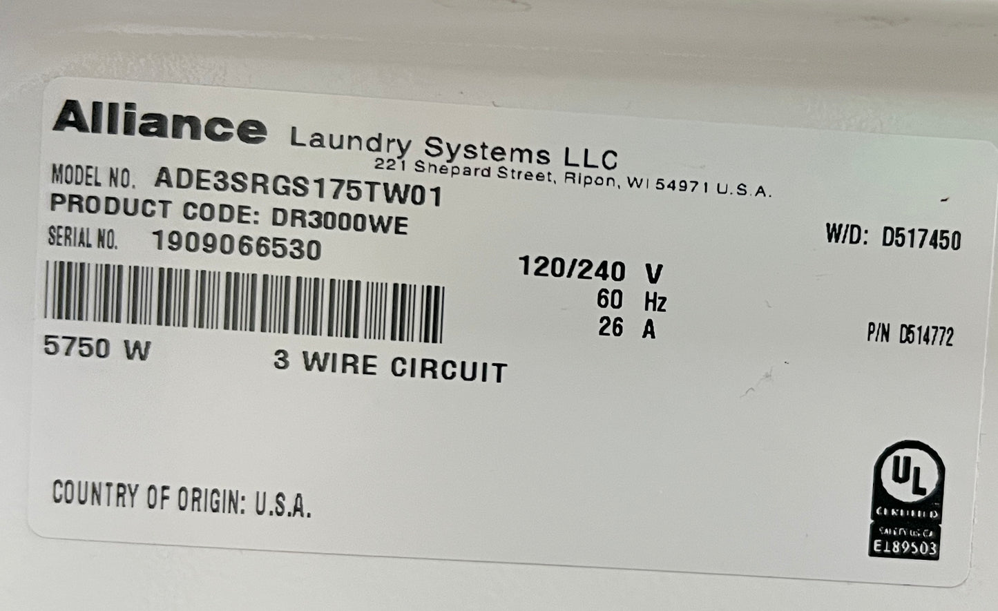 Speed Queen 27 Inch Non-Operated Residential  Front Load Electric 220V/240V Dryer Machine Commercial grade , White ADE3SRGS175TW01 , 444526