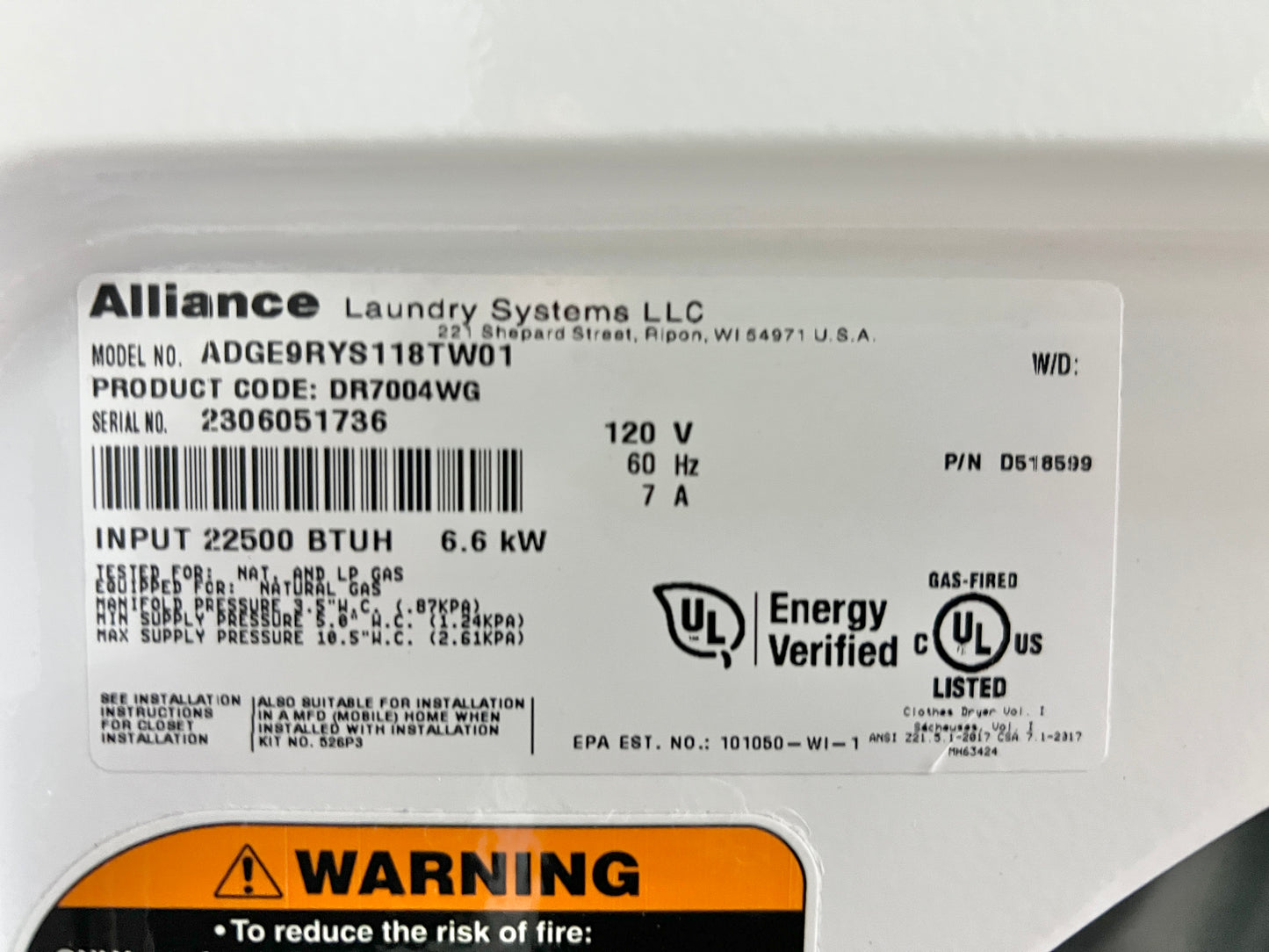 Speed Queen Coin Operated Front Load Gas Dryer Machine , ADGE9RYS118TW01, White , 444525