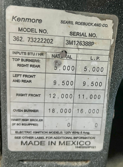 30 Inch Kenmore Gas Range , 4 Burner , Oven 444534
