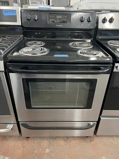 30 Inch Frigidaire  FFEF3015LS Electric Range with Auto Shut-Off, Timed Cook, Self Clean, 4 Coil Elements, 5.3 cu. ft. Oven, Extra Large Window, , Store-More Storage Drawer,  Oven, Stainless Steel , 444503