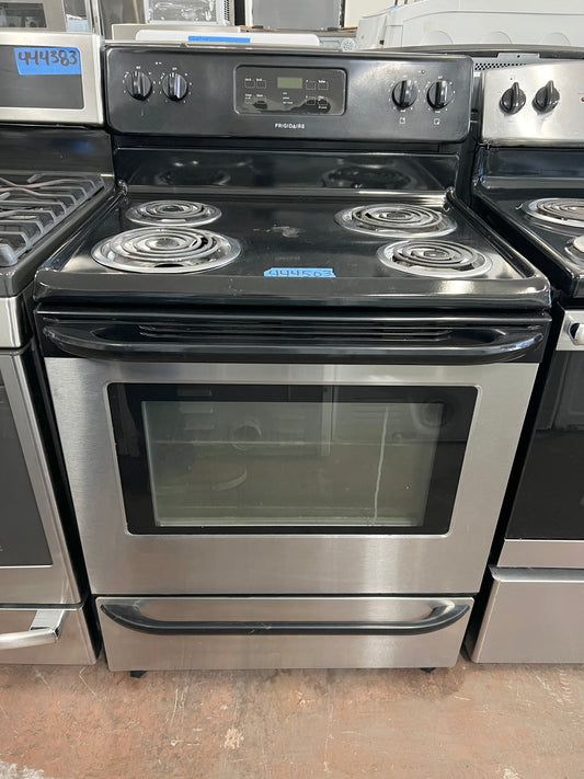 30 Inch Frigidaire  FFEF3015LS Electric Range with Auto Shut-Off, Timed Cook, Self Clean, 4 Coil Elements, 5.3 cu. ft. Oven, Extra Large Window, , Store-More Storage Drawer,  Oven, Stainless Steel , 444503