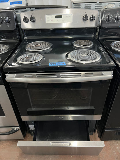 30 inch GE  JB255RK4SS  Electric Range 4 Coil Elements, 5.0 cu. ft. Conventional Oven, Dual 4-Pass Heating Elements, Certified Sabbath Mode, Delay Bake, Clock/Timer, Storage Drawer Self-Cleaning 444354