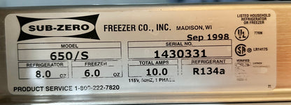 36 Inch Subzero 650S Built In Bottom Freezer Top Refrigerator Stainless Steel , 444516