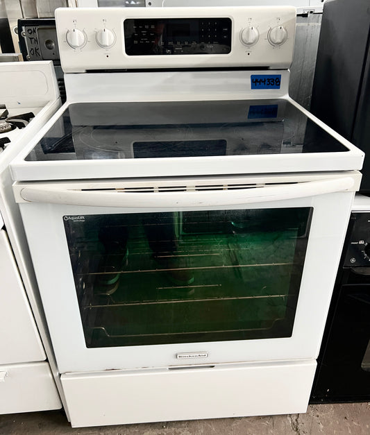 30 Inch KitchenAid Electric Range KERS202BWH , 5 Radiant Elements, 6.2 cu. ft. Capacity Oven, EvenHeat Convection, AquaLife Self-Clean Technology , Storage Drawer: White , 444338