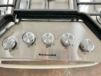 30 inch KitchenAid  KCGS350ESS Gas Cooktop 5 Sealed Burners, Continuous Grates, 17,000 BTU Multiflame Burner, Even-Heat™ Simmer Burner, Electronic Ignition, Multi-Finish Knobs, and ADA Stainless Steel , 444356