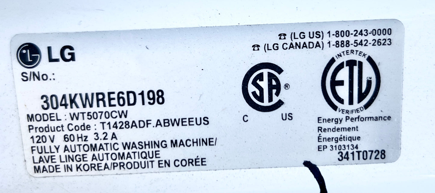 27 Inch LG Wave Series  WT5070CW Top Load Washer 4.7 cu. ft., 12 Wash Cycles, 1100 RPM, Direct Drive Motor LoDecibel Quiet Operation, White , 444360