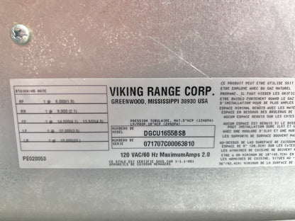 36 Inch Viking Designer Series  DGCU1655BSB  Gas Cooktop , 5 Sealed Burners, Brass Flame Ports, Push-to-Turn Safety Feature , Automatic Re-ignition, Black Glass ,  Natural Gas , Stainless Steel ,  Used Condition , 444351