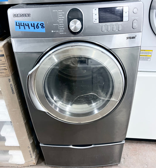 27 Inch Samsung  DV448AEP Front Loading Electric Dryer Machine with Pedestal Included ,  7.4 cu. ft., 11 Dry Cycles Including Steam Refresh/WrinkleCare, 5 Options, 5 Temperature, Sensory Dry, LCD Display and Drying Rack: Stainless Platinum