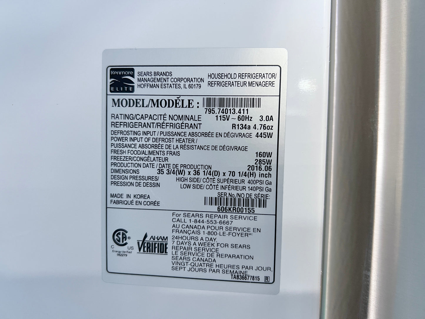 36 Inch Kenmore Elite manufactured by LG 74013 31 Cu Ft , French Door Style Bottom Freezer Stainless Steel Refrigerator , 795.74013.411, 131300