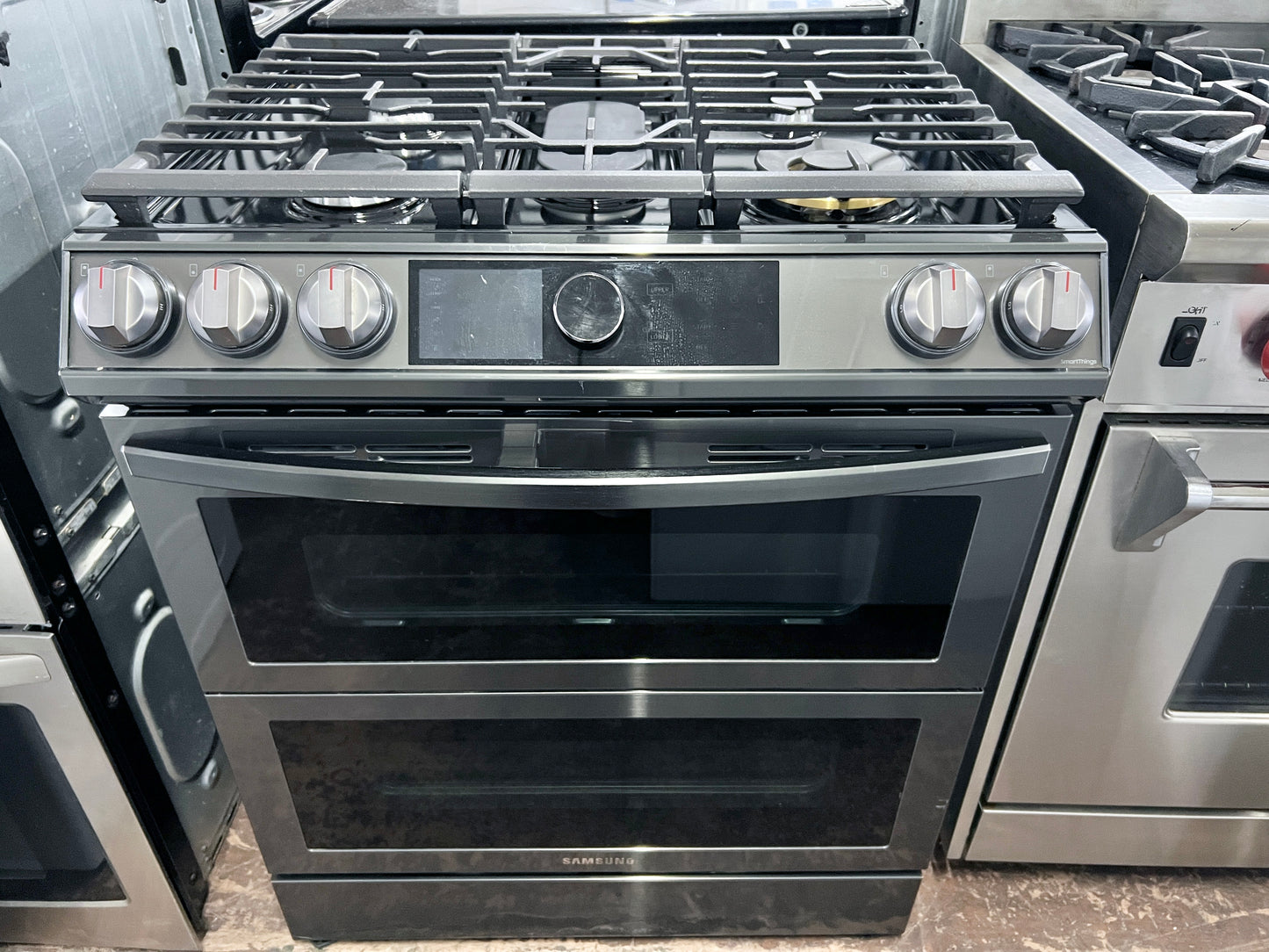 30 Inch Samsung  NY63T8751SG  Slide in Dual Fuel Smart Range 5 Sealed Burners, 6.3 Cu. Ft. Oven, Air Fry, Steam + Self Clean, Flex Duo, Wi-Fi, Voice Control, Sabbath, ETL Listed, Star-K ADA,  Fingerprint Resistant Black Stainless Steel , 444388