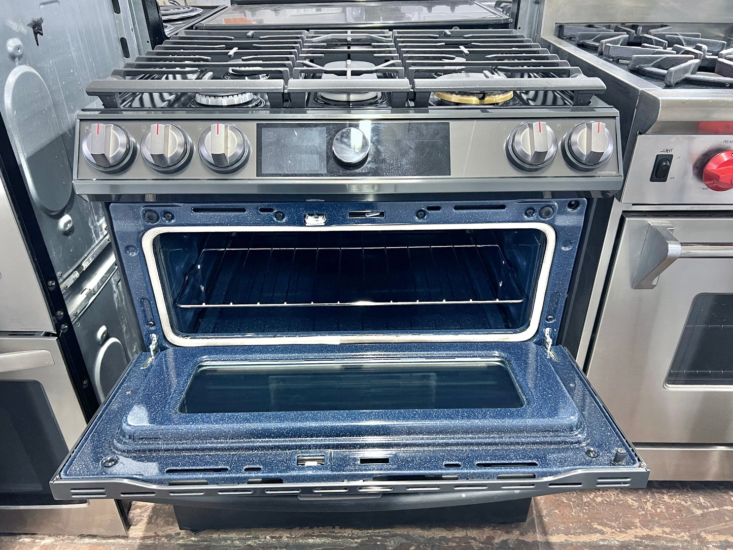 30 Inch Samsung  NY63T8751SG  Slide in Dual Fuel Smart Range 5 Sealed Burners, 6.3 Cu. Ft. Oven, Air Fry, Steam + Self Clean, Flex Duo, Wi-Fi, Voice Control, Sabbath, ETL Listed, Star-K ADA,  Fingerprint Resistant Black Stainless Steel , 444388