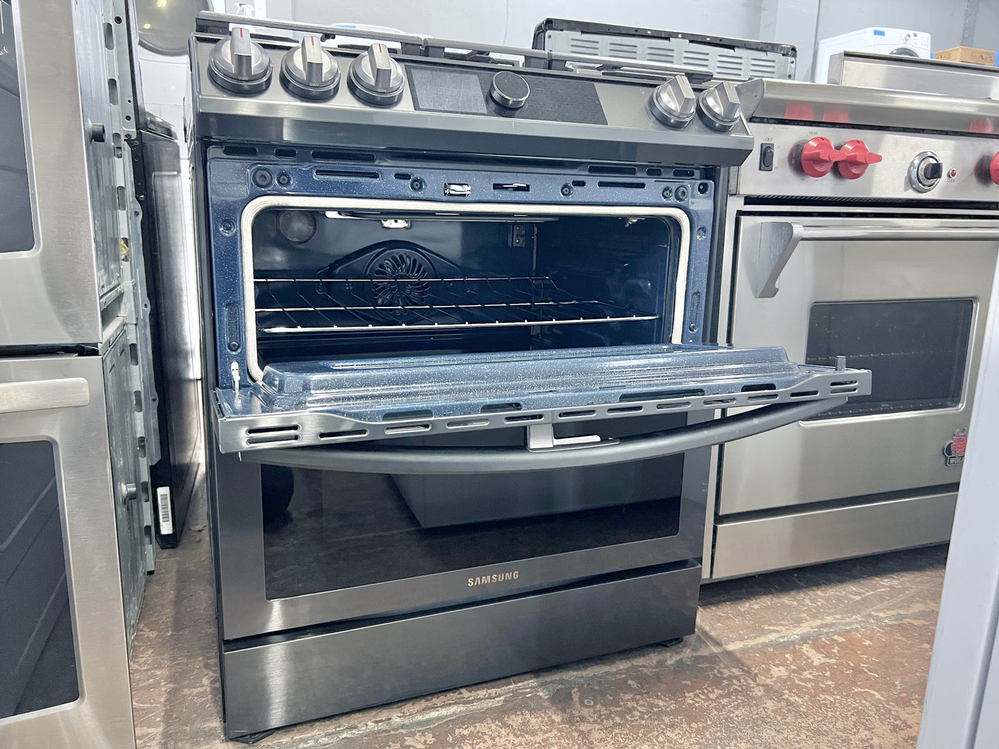 30 Inch Samsung  NY63T8751SG  Slide in Dual Fuel Smart Range 5 Sealed Burners, 6.3 Cu. Ft. Oven, Air Fry, Steam + Self Clean, Flex Duo, Wi-Fi, Voice Control, Sabbath, ETL Listed, Star-K ADA,  Fingerprint Resistant Black Stainless Steel , 444388