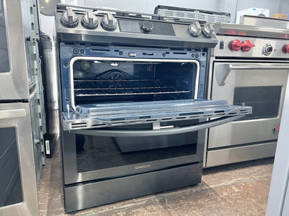 30 Inch Samsung  NY63T8751SG  Slide in Dual Fuel Smart Range 5 Sealed Burners, 6.3 Cu. Ft. Oven, Air Fry, Steam + Self Clean, Flex Duo, Wi-Fi, Voice Control, Sabbath, ETL Listed, Star-K ADA,  Fingerprint Resistant Black Stainless Steel , 444388