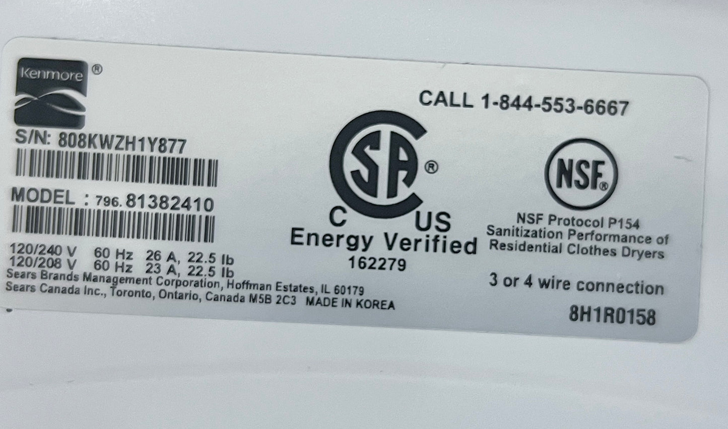 27 Inch Kenmore 7.4 Cu Ft Electric Dryer Machine with Steam , White , 81382 , 796.81382410 , 444126