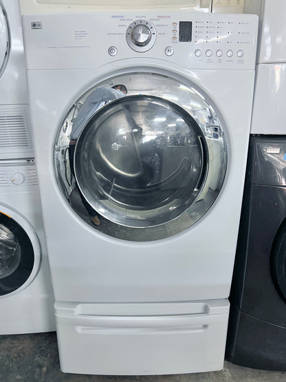 27 inch LG  DLE3733W Front Load Electric Dryer with pedestal  7.3 cu. ft., 7 Drying Cycles, 5 Temperature Levels, Wrinkle Care Option , Sensor Dry System, White , 444404