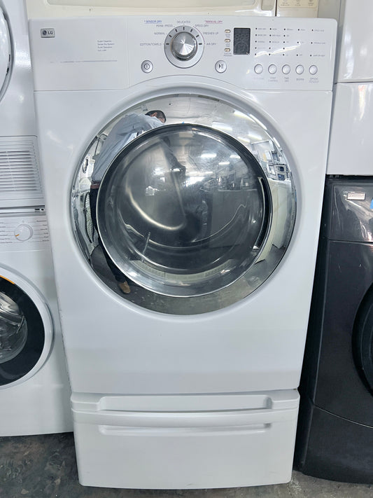 27 inch LG  DLE3733W Front Load Electric Dryer with pedestal  7.3 cu. ft., 7 Drying Cycles, 5 Temperature Levels, Wrinkle Care Option , Sensor Dry System, White , 444404