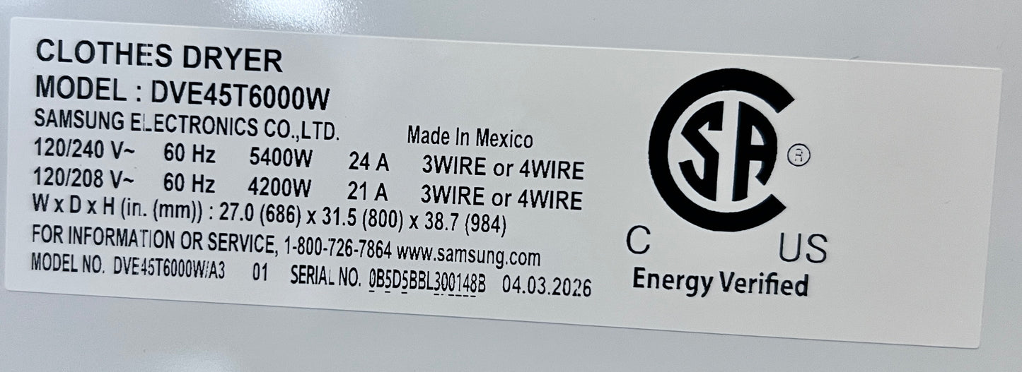 27 inch Samsung  DVE45T6000W  Front Load Electric Dryer 7.5 Cu. Ft., 10 Dryer Programs, Smart Care, Sensor Dry, Sanitize, Wrinkle Prevent, Eco Dry, ADA Compliant  , White 444391