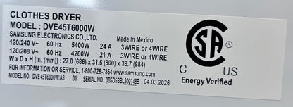 27 inch Samsung  DVE45T6000W  Front Load Electric Dryer 7.5 Cu. Ft., 10 Dryer Programs, Smart Care, Sensor Dry, Sanitize, Wrinkle Prevent, Eco Dry, ADA Compliant  , White 444391