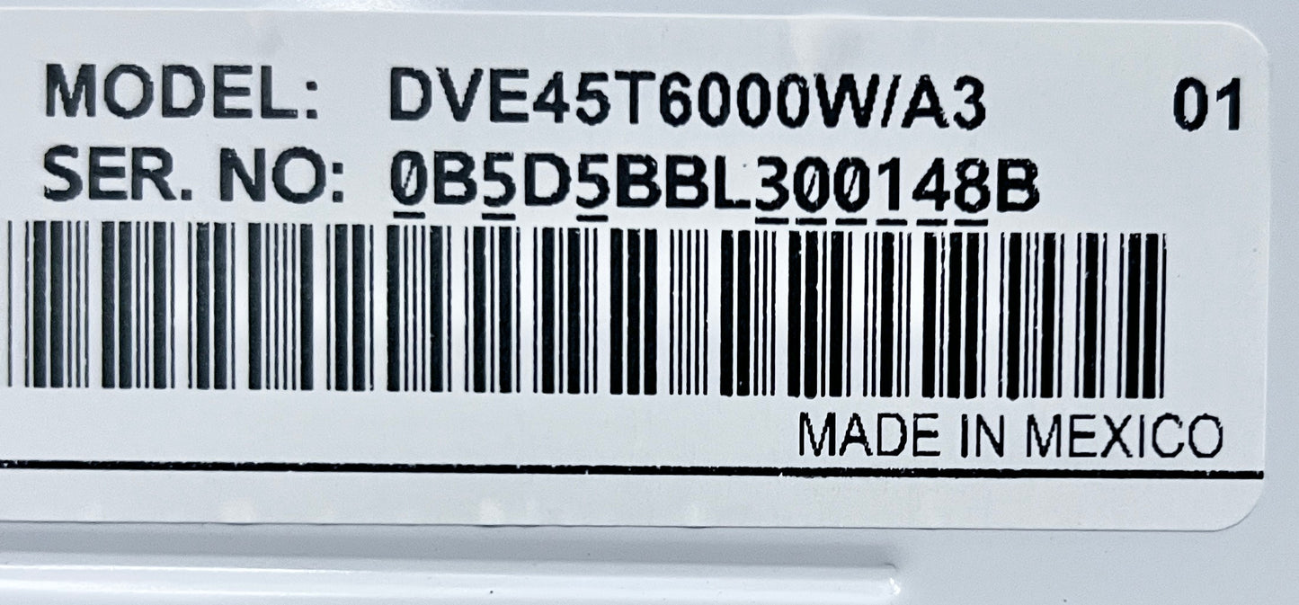 27 inch Samsung  DVE45T6000W  Front Load Electric Dryer 7.5 Cu. Ft., 10 Dryer Programs, Smart Care, Sensor Dry, Sanitize, Wrinkle Prevent, Eco Dry, ADA Compliant  , White 444391