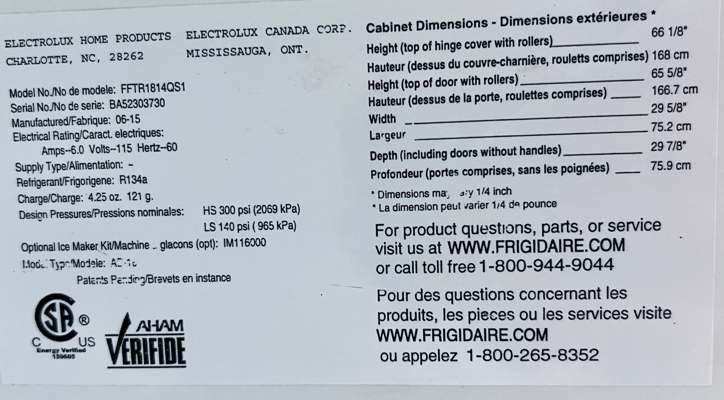 30 inch Frigidaire  FFTR1814QS Top Freezer Refrigerator, ADA Compliant, Humidity Controlled Crisper Drawers, Sliding Wire Shelves, Reversible Door 18.0 cu. ft. Capacity, Stainless Steel , 444392