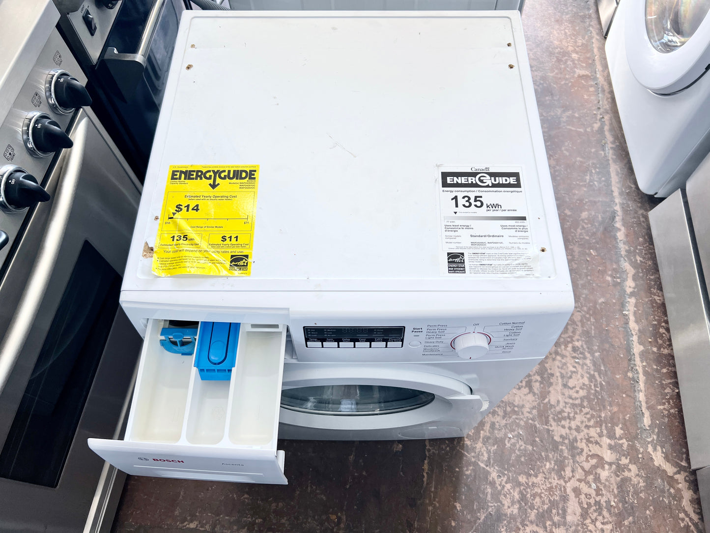 24 Inch Bosch Ascenta Series  WAP24200UC Front Load Compact Washer 2.2 cu. ft., Raindrop Structured Stainless Steel Drum, Anti Vibration Circular Side Walls, 30 Min. Quick Wash , White Door , 444394
