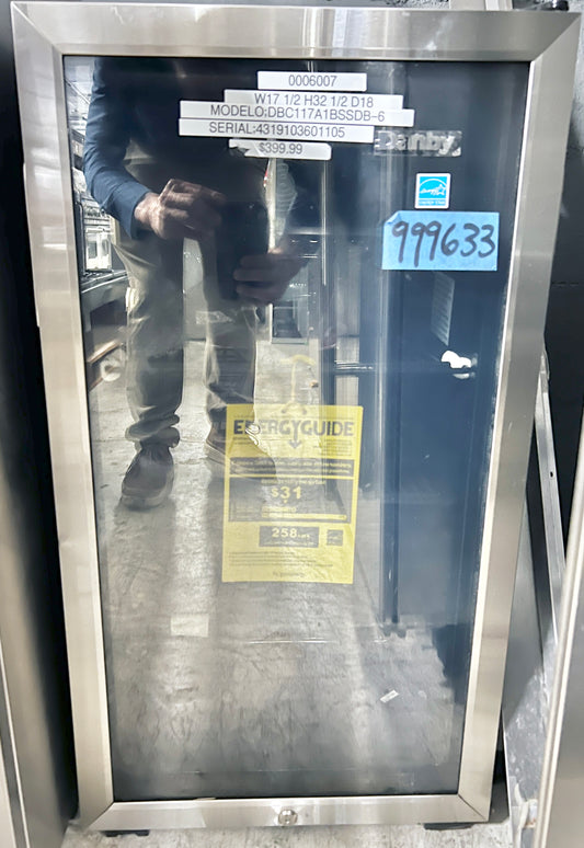 18 Inch Danby  DBC117A1BSSDB6 Freestanding Beverage Center Refrigerator 3.1 Cu. Ft., 3 Wire Shelves, Fan Forced Cooling, Blue LED Lighting, Door Lock, Mechanical Thermostat, ENERGY STAR , 999633